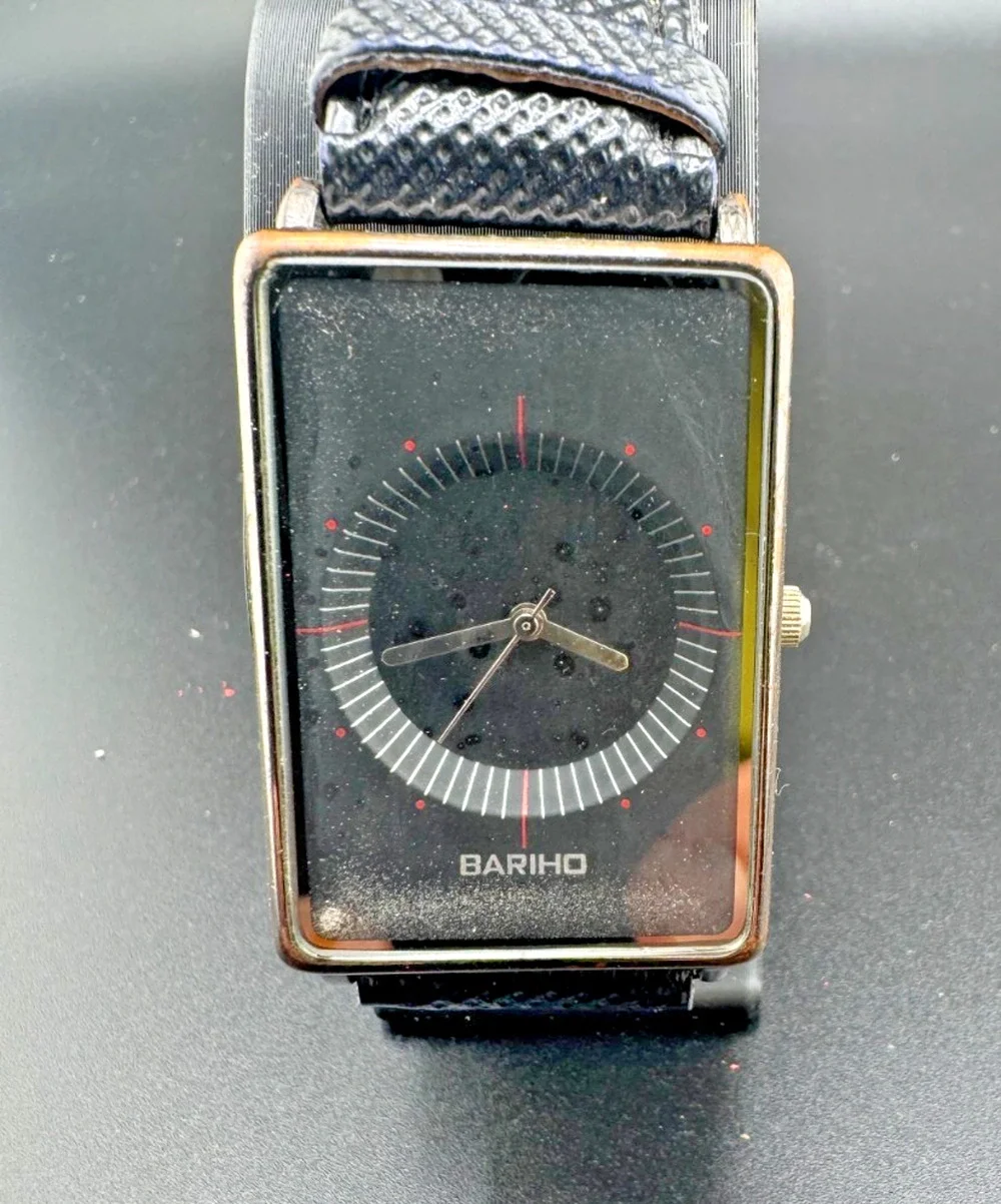 Bariho Rectangular Tank Watch Silver Black Dial Red